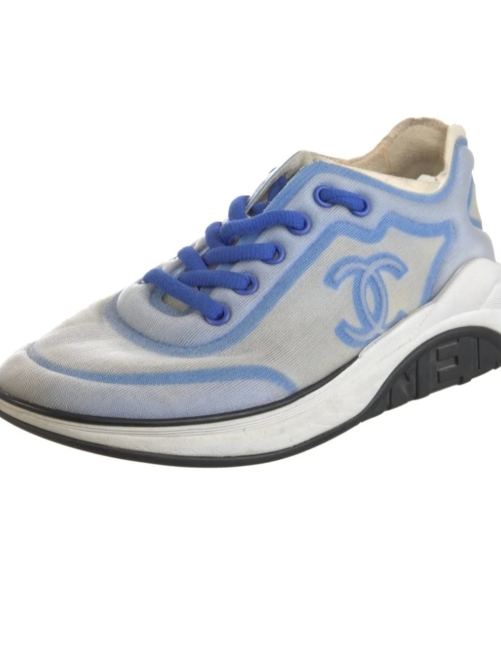 CHANEL White and Blue CC Logo Mesh Sneaker